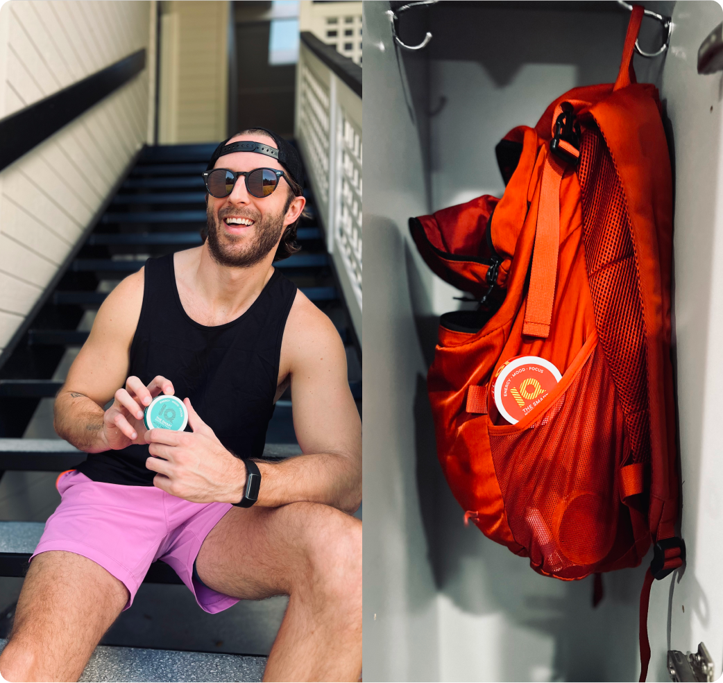 A split image of a man holding a container and a red backpack holding another container.