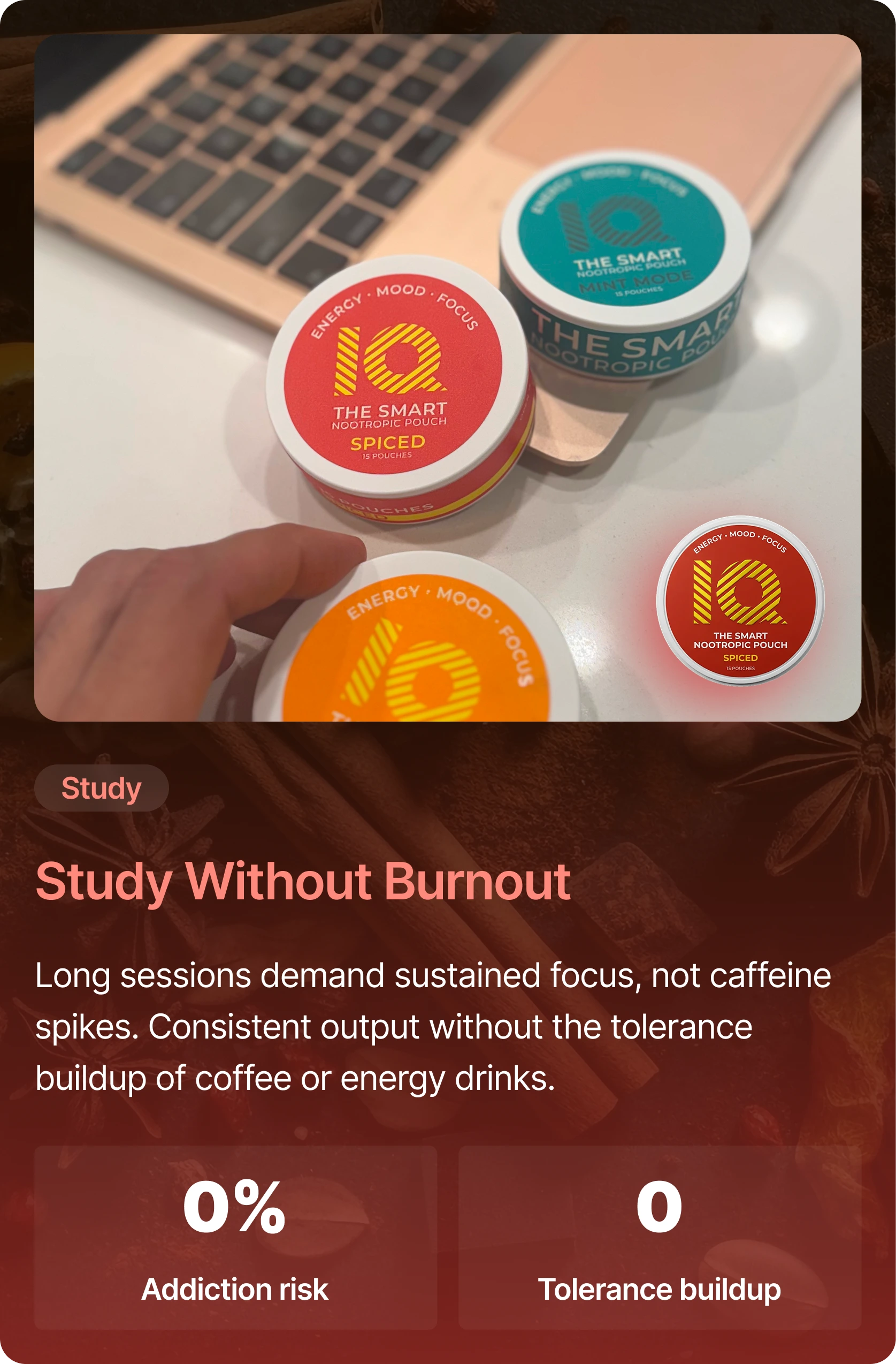 An advertisement for a nootropic pouch product with tins in front of a laptop and text overlays.
