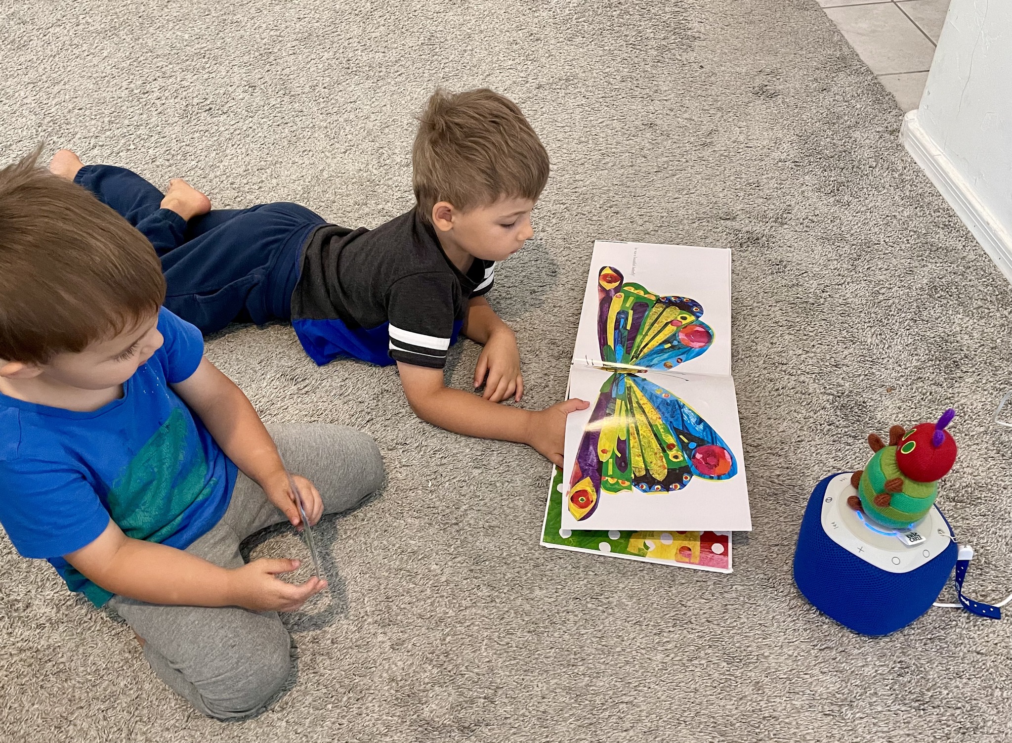 Two children on carpet looking at a colorful butterfly book.
