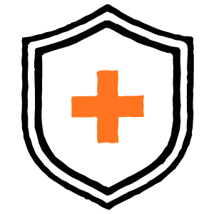 Orange cross inside a black shield outline.