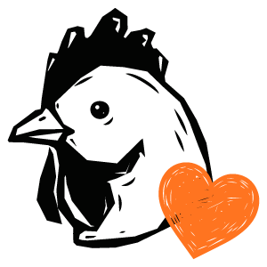 Silhouette of a chicken with an orange heart beside it.