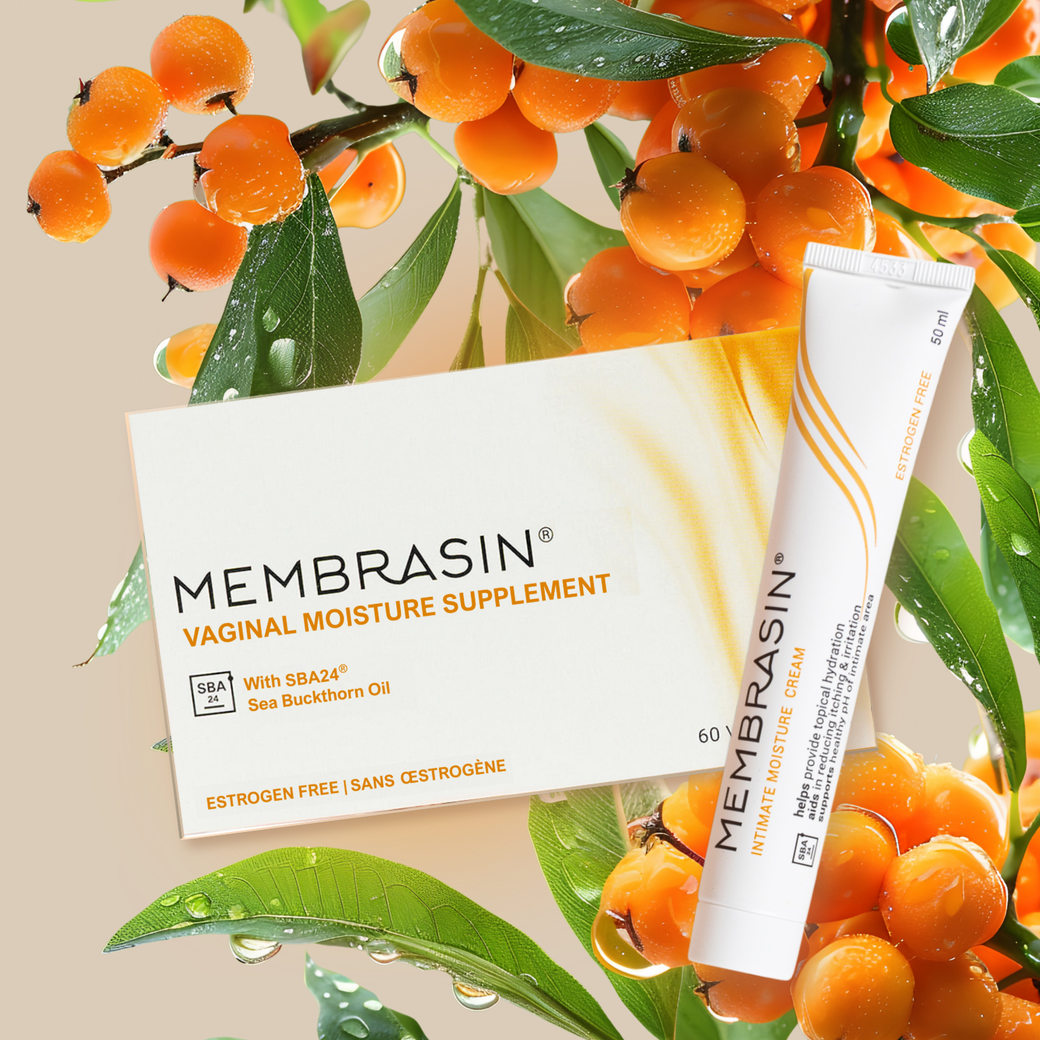 A box of Membrasin Vaginal Moisture Supplement and a tube of cream surrounded by sea buckthorn berries.