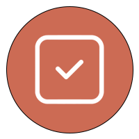 A white checkmark inside a square on a red circular background.