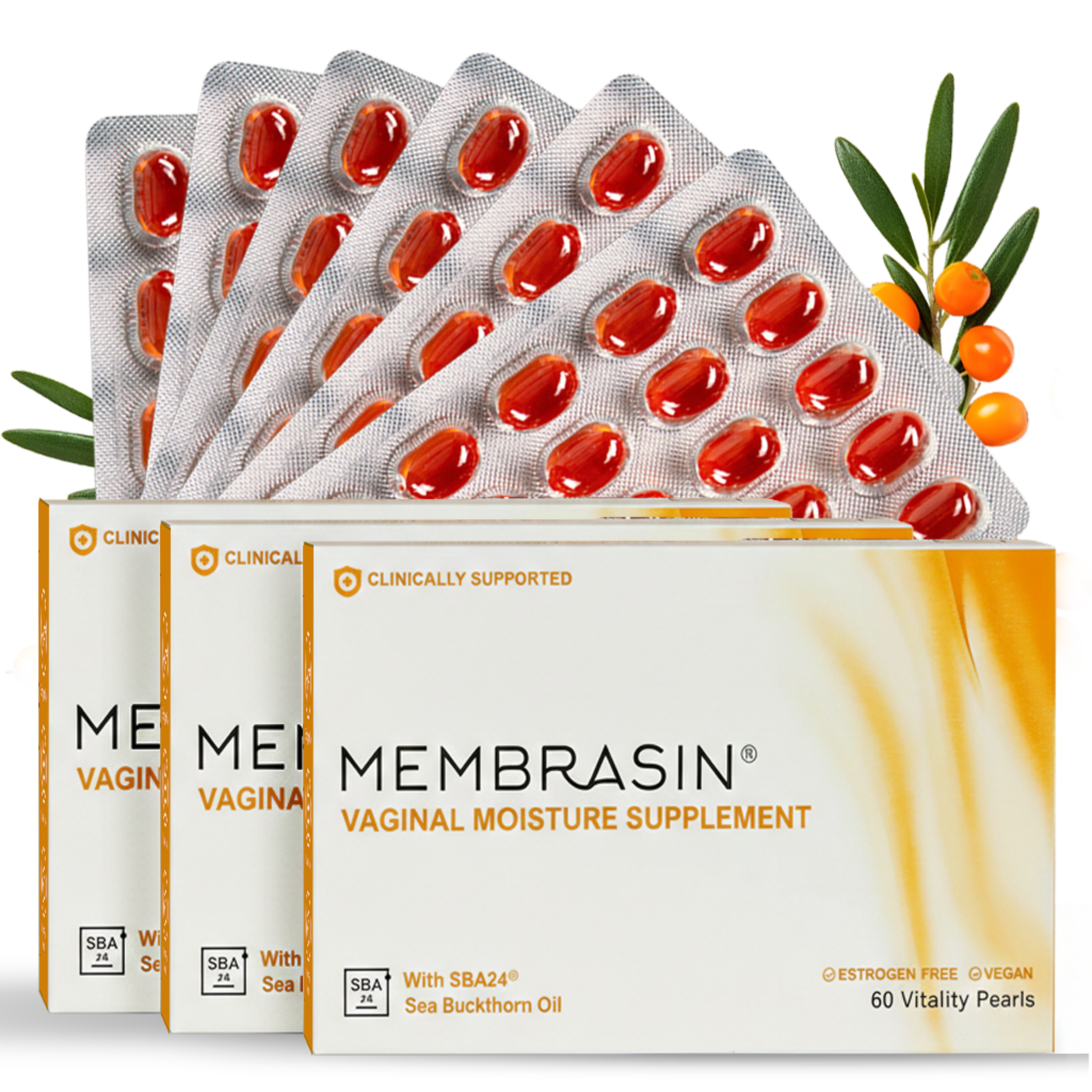 Three boxes of Membrasin Vaginal Moisture Supplement with blister packs of softgels and sea buckthorn.