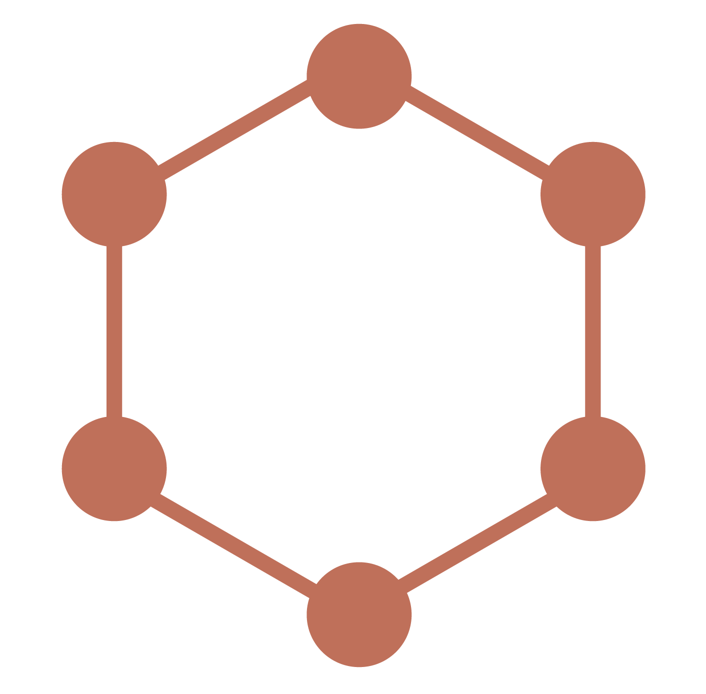 Hexagonal shape with six connected circles in orange.