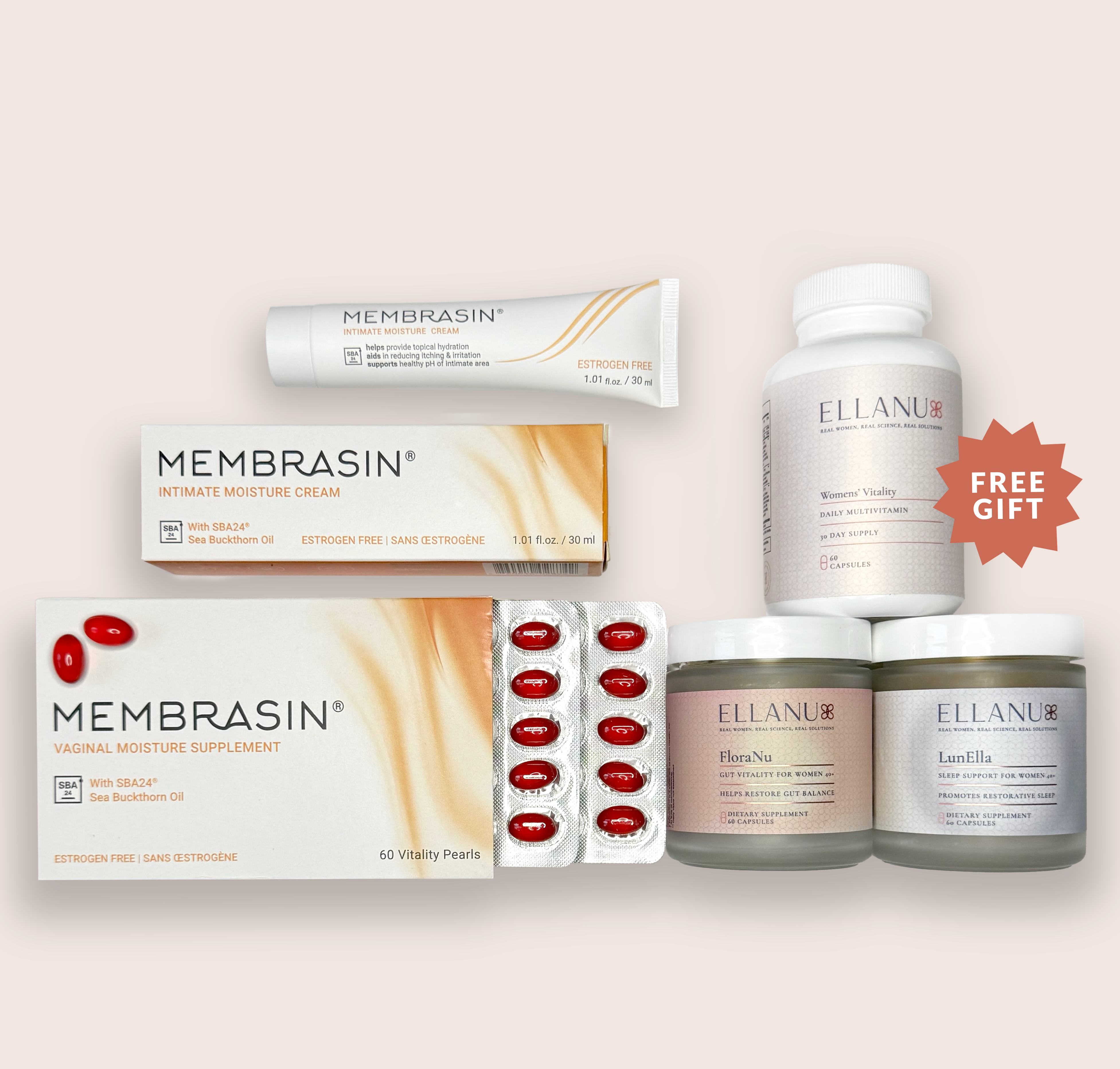 Assorted Membrasin and Ellanu supplements and creams with a 'Free Gift' label.