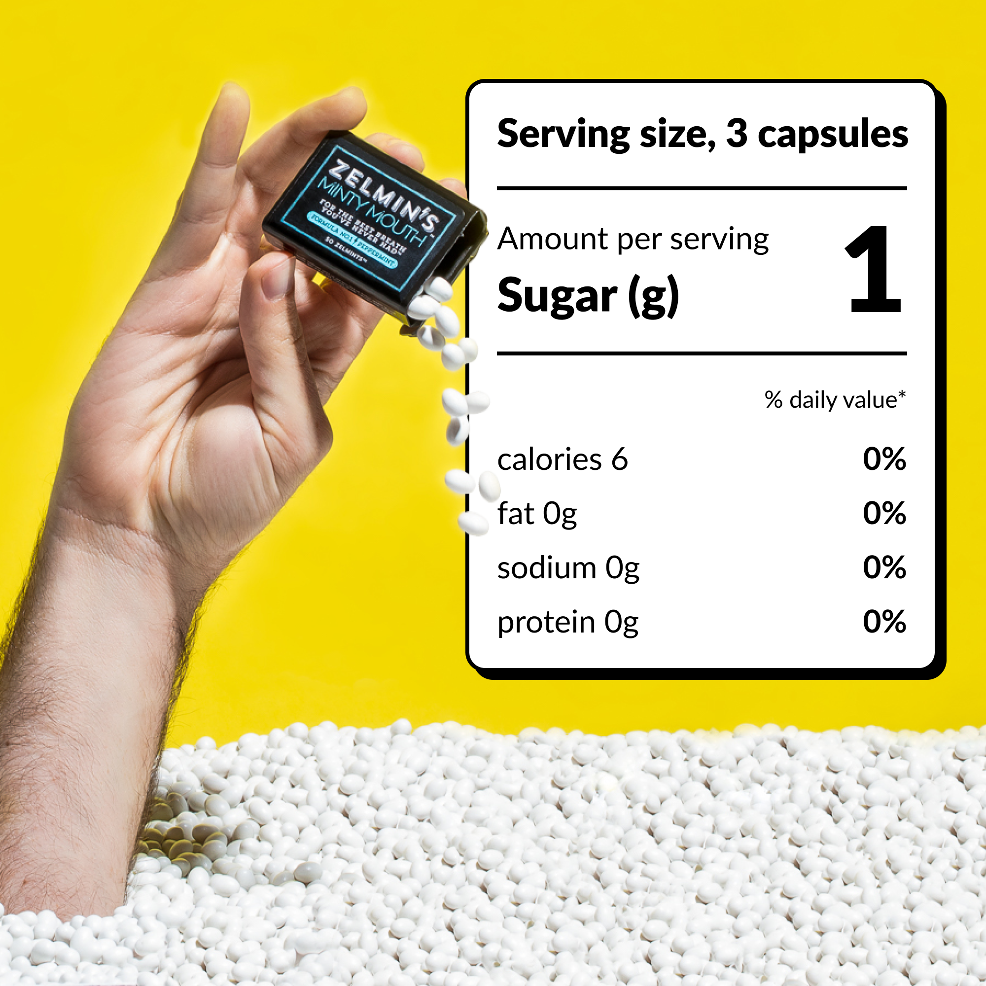 Hand holding mint container with nutritional facts on yellow background.