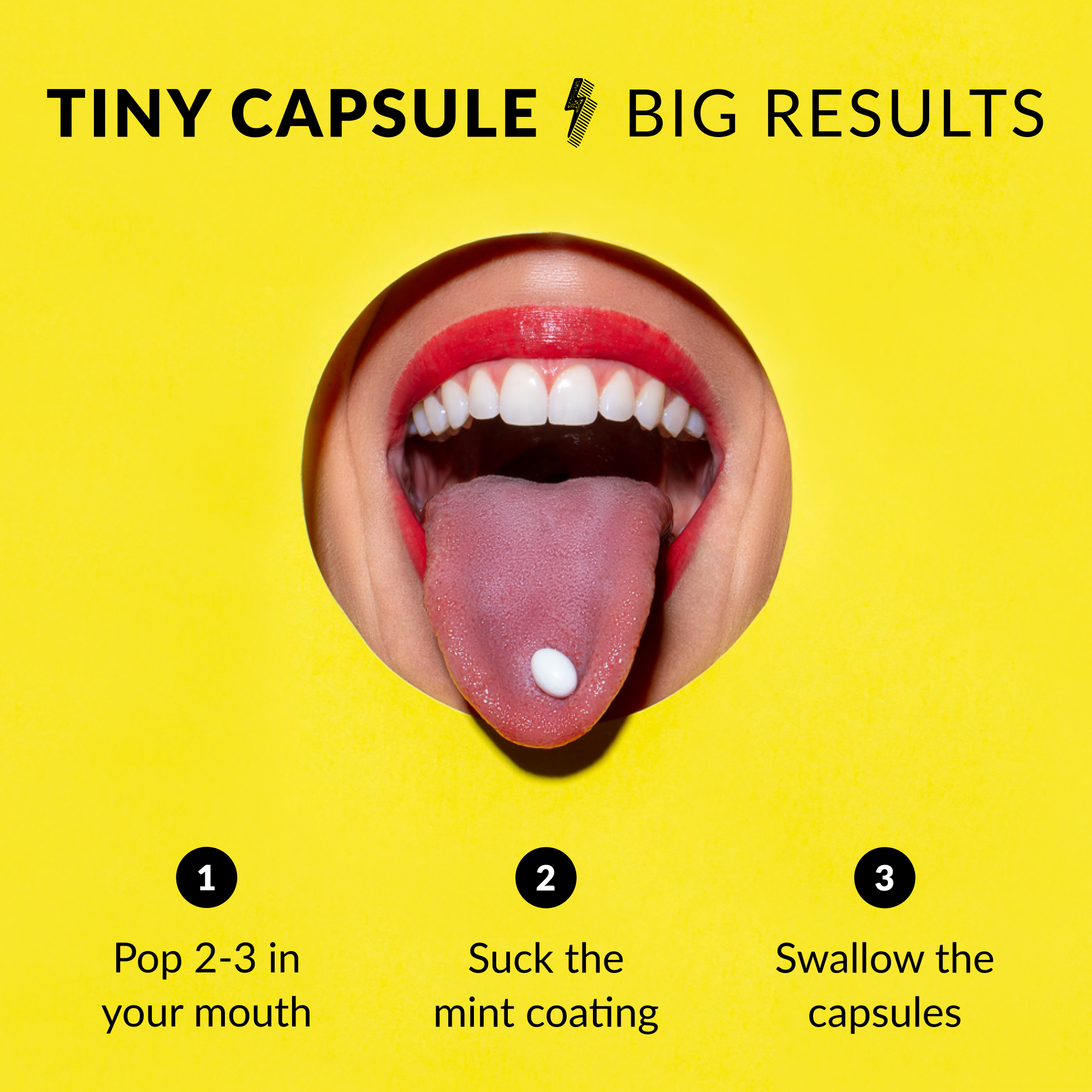 Mouth with red lipstick holding a white capsule on the tongue against a yellow background.