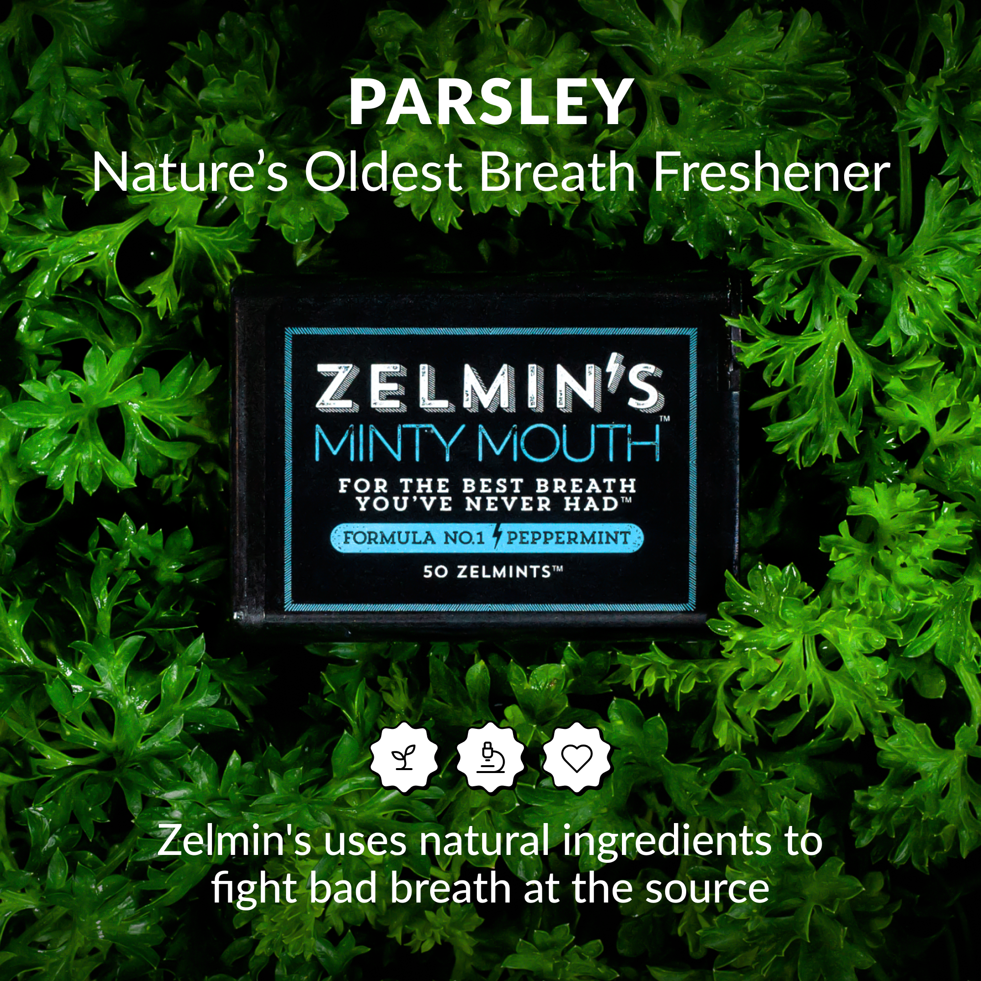 Box of Zelmin's mints on parsley background with text about natural breath freshener.