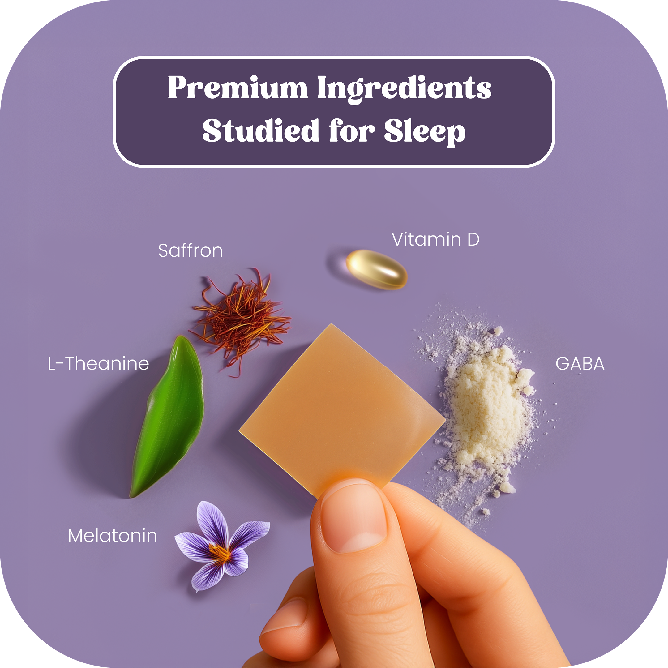 Hand holding a supplement square, surrounded by labeled ingredients for sleep on a purple background.