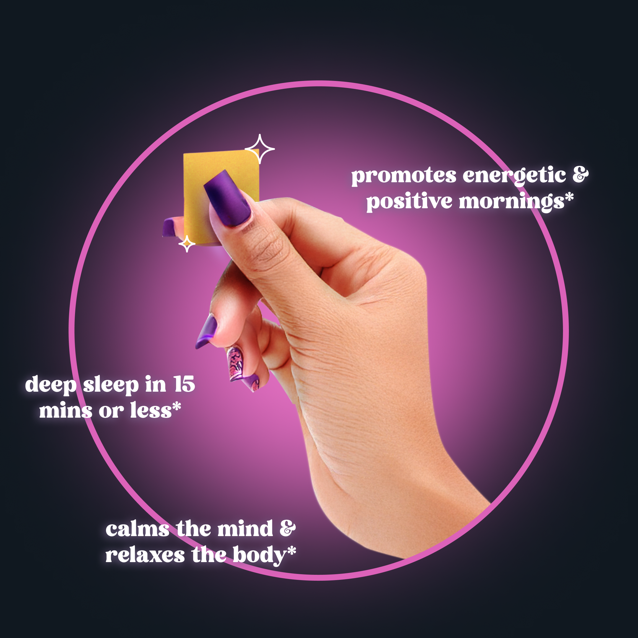 Hand holding a patch promising improved sleep and positive mornings.