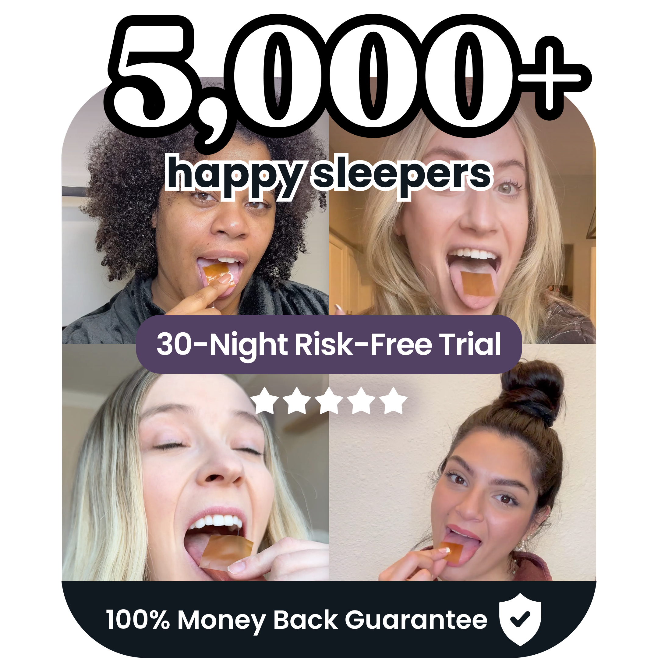 Four people eating gummies with text about sleep trial and guarantee.
