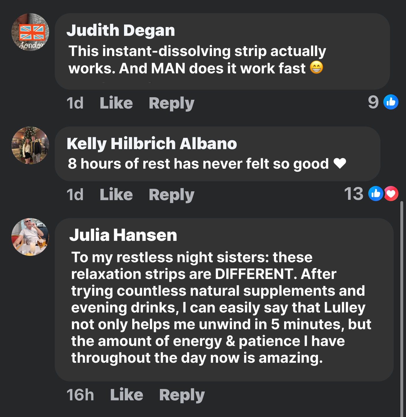 Three positive testimonials about instant-dissolving relaxation strips on a dark interface.