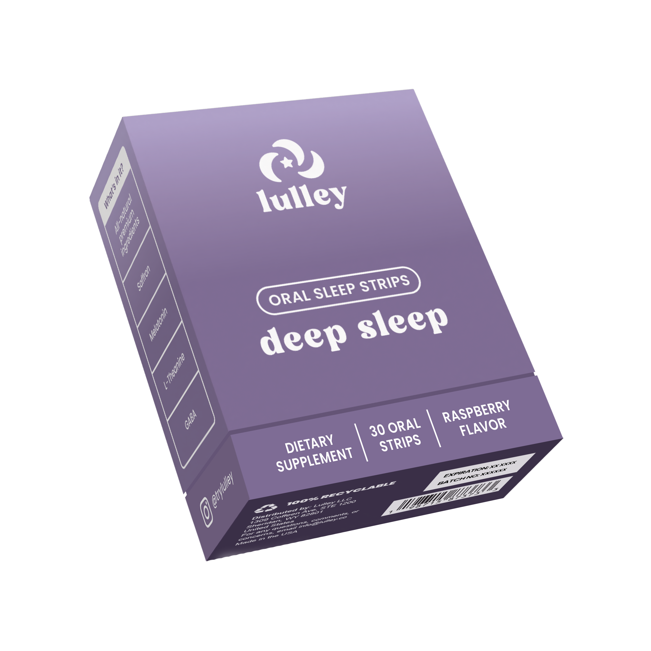Purple box of oral sleep strips labeled 'deep sleep' by Lulley.