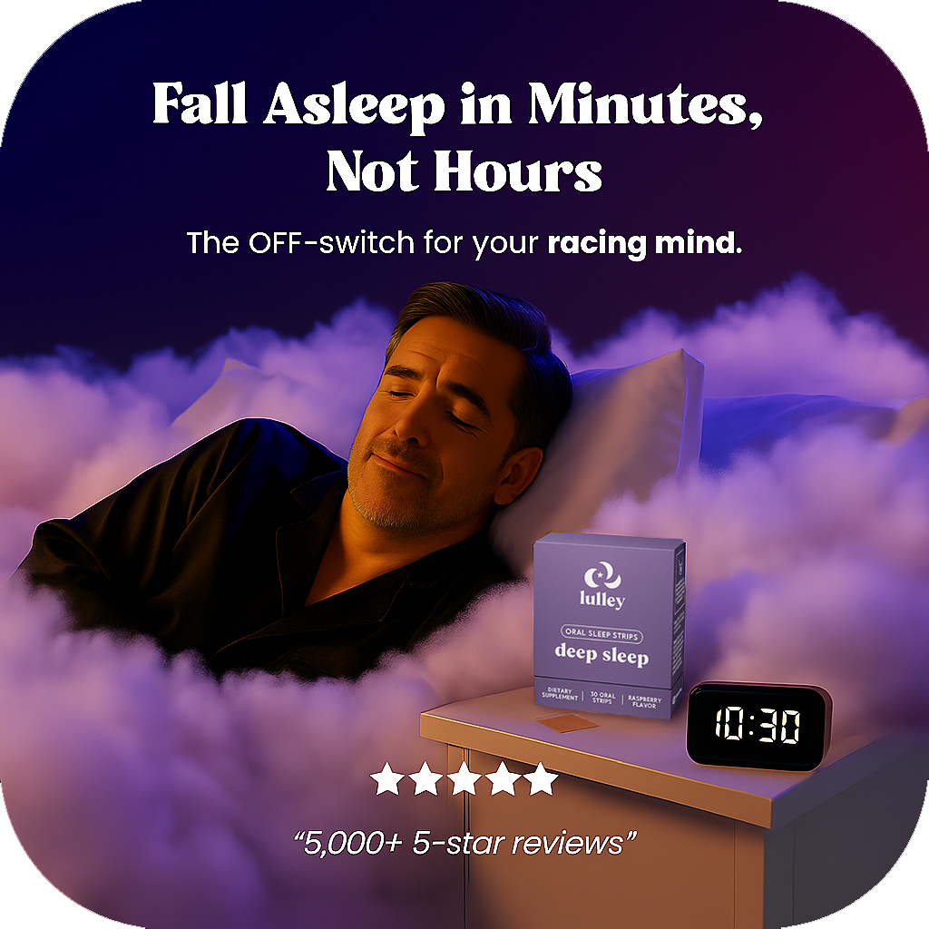 Man sleeping amidst clouds with sleep product and clock displaying 10:30.