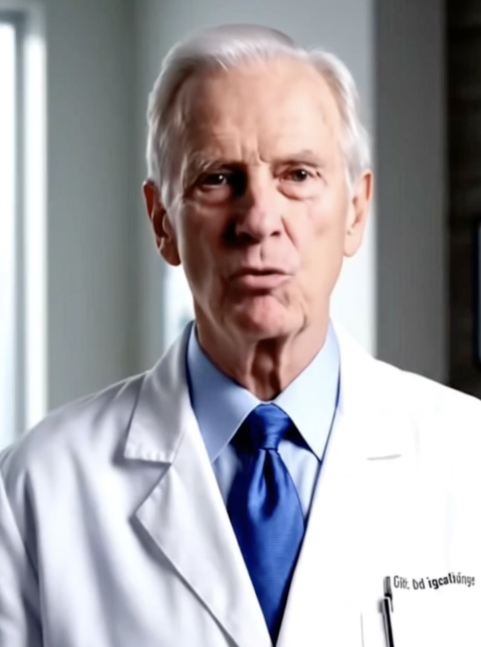 A man in a white medical coat and blue tie, speaking indoors.