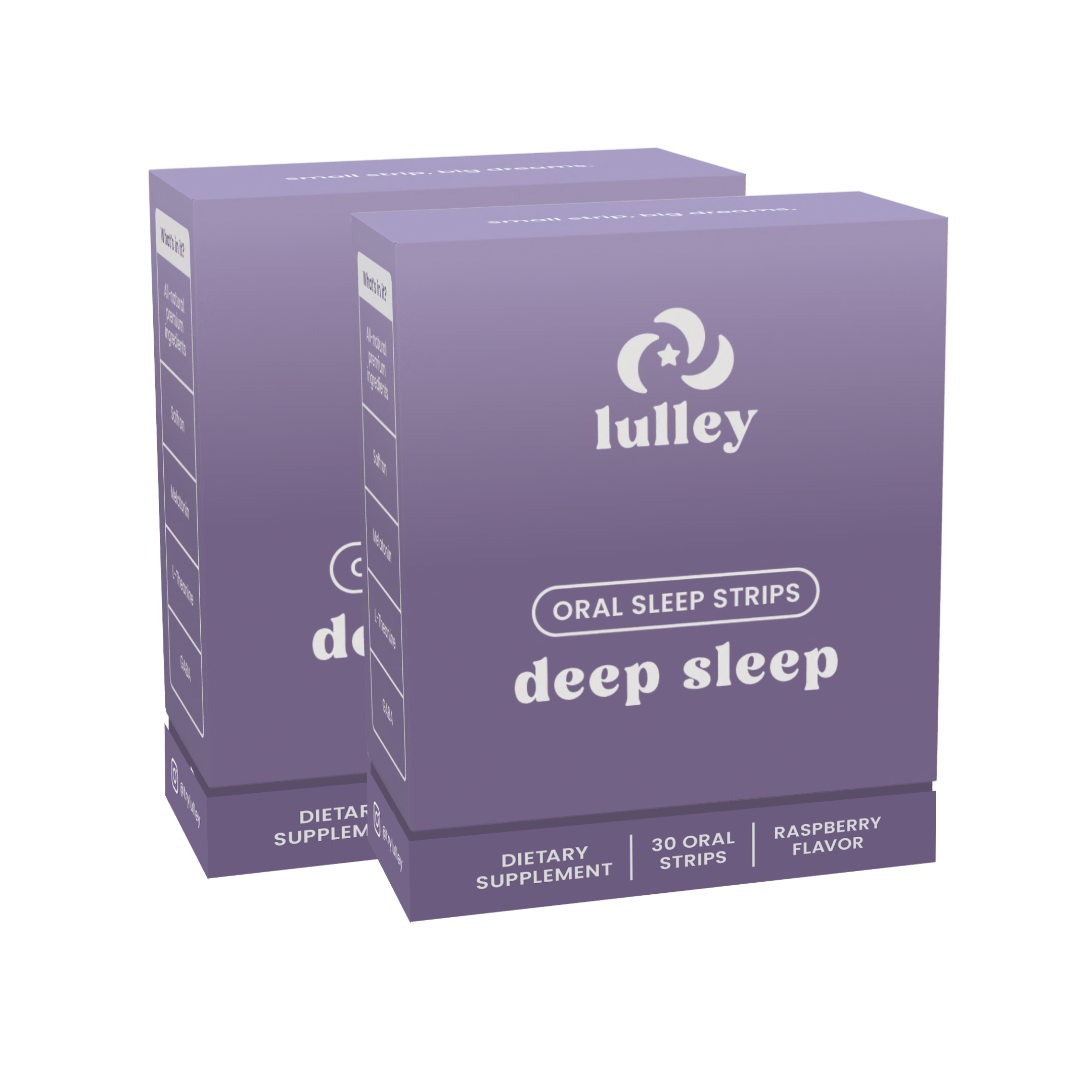 Two purple boxes of 'lulley' oral sleep strips, labeled 'deep sleep.'