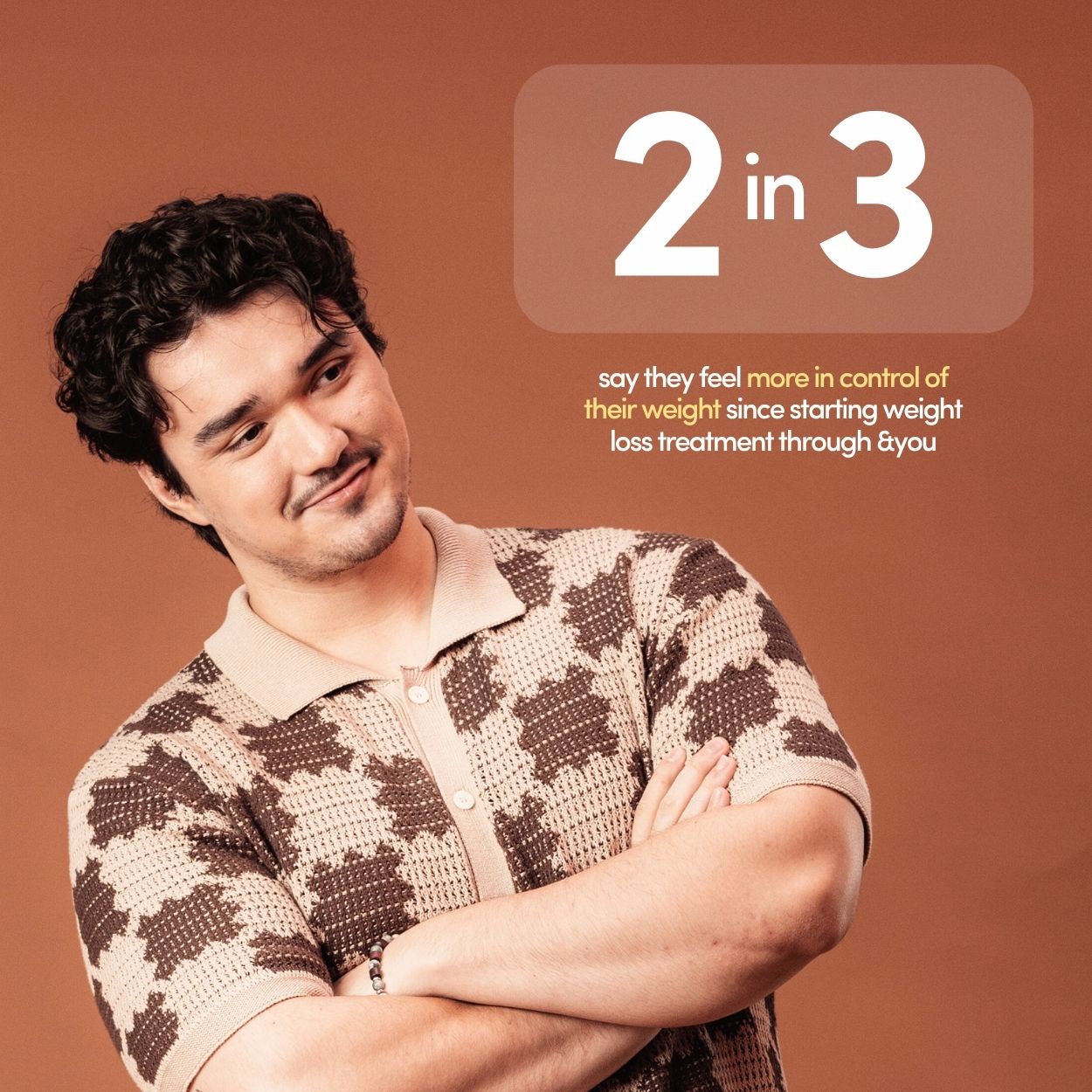 Man in patterned shirt with text '2 in 3' on brown background.