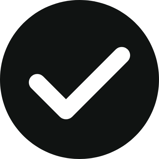 A white checkmark icon with rounded corners inside a solid black circle.