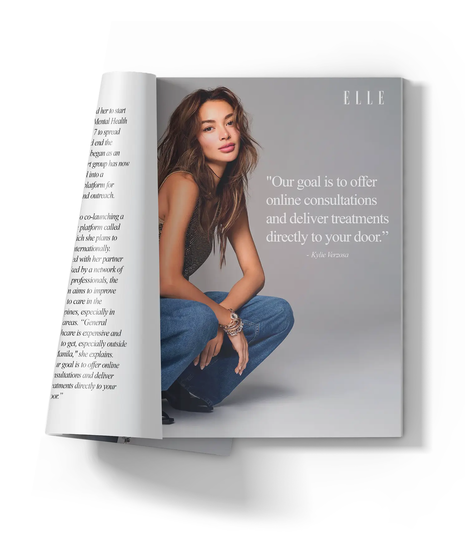 Magazine page with a woman crouching and a quote about online consultations.