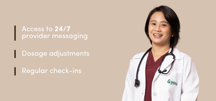 Smiling person in a white coat with stethoscope, text about healthcare services on the left.