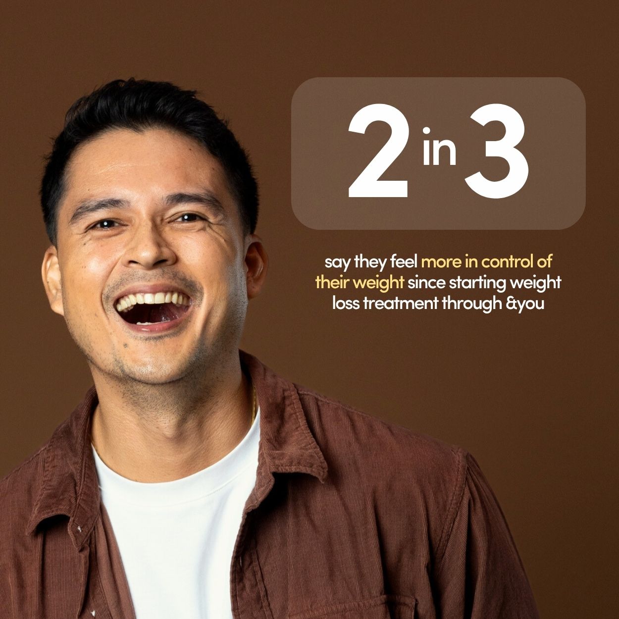 Smiling man with text about weight control statistics on brown background.