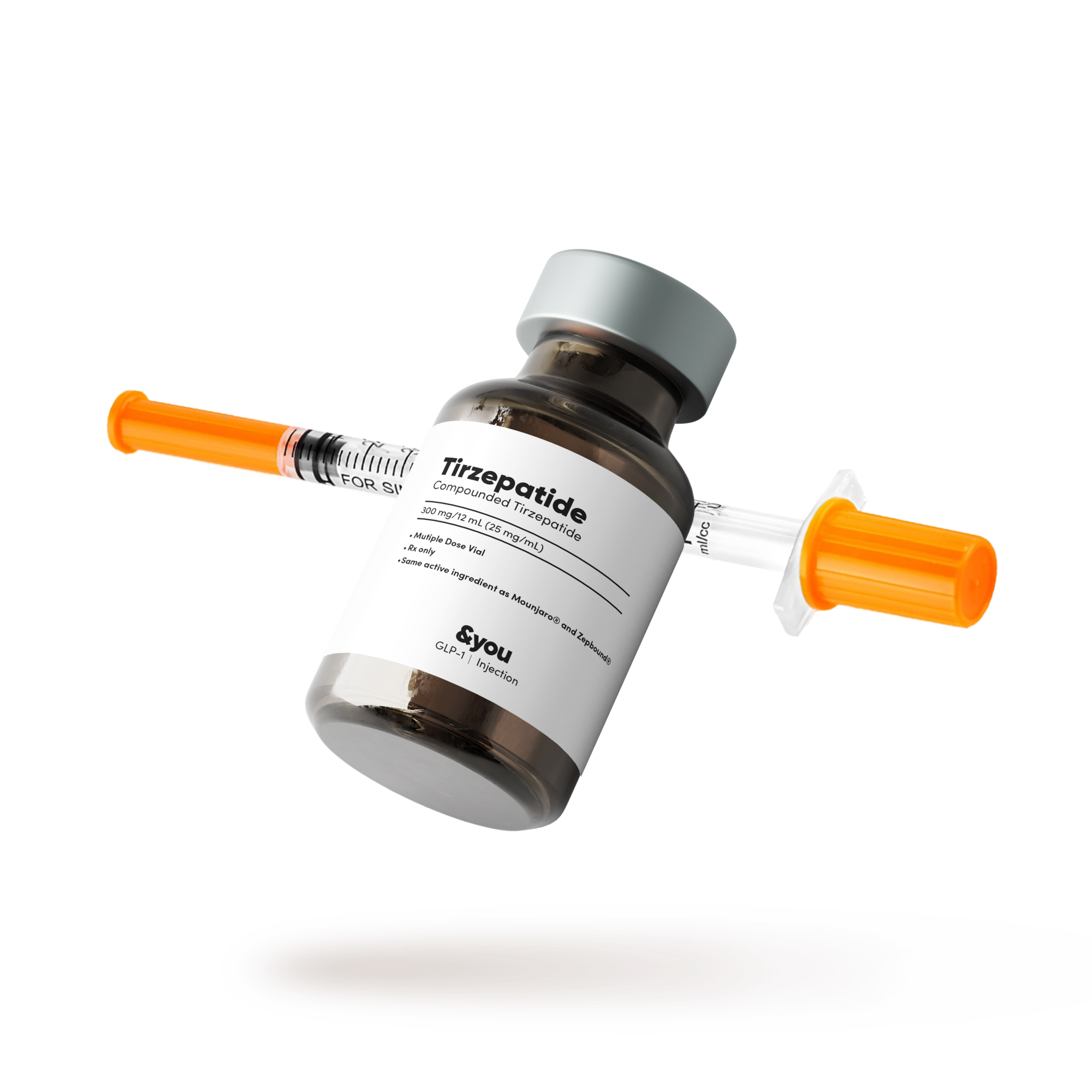 Vial labeled 'Tirzepatide' with an orange-capped syringe.