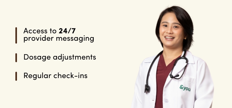 Smiling healthcare professional with stethoscope, next to text about provider messaging and check-ins.
