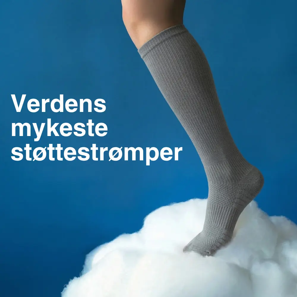 A leg wearing a grey knee-high sock stepping onto a white cloud against a blue background.