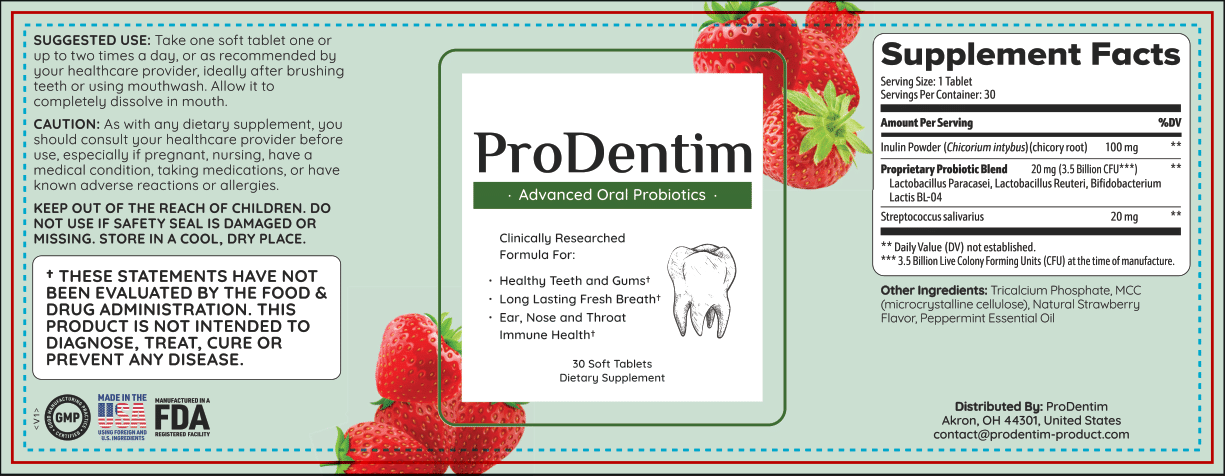 Product label for ProDentim oral probiotics, with strawberries and supplement facts.