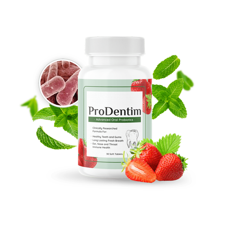 ProDentim bottle with strawberries and mint leaves surrounding it.