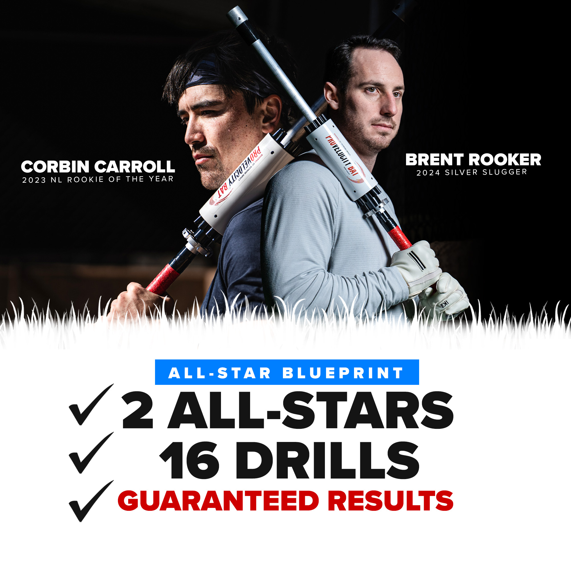 Two baseball players with bats promoting an 'All-Star Blueprint' training program.