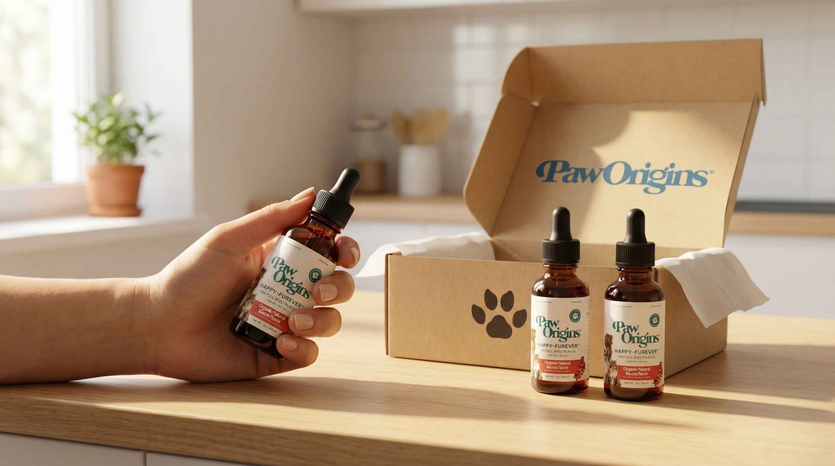 A hand holds a bottle of Paw Origins oil with a branded box containing two more bottles nearby.