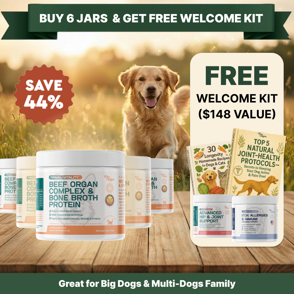 An advertisement for dog supplements featuring a golden retriever and various products with a promotional offer.