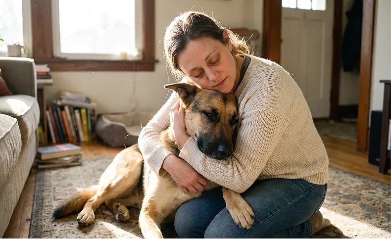 A woman with her eyes closed kneels on a rug and affectionately hugs a German Shepherd dog.