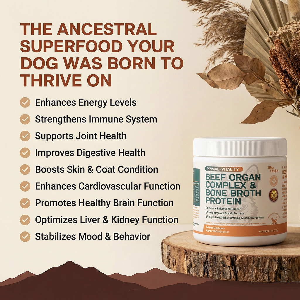 A jar of Paw Origins Beef Organ Complex & Bone Broth Protein with a list of benefits.