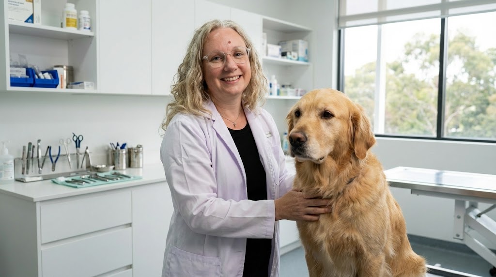 A female veterinarian smiles while standing next to a golden retriever in an examination room.