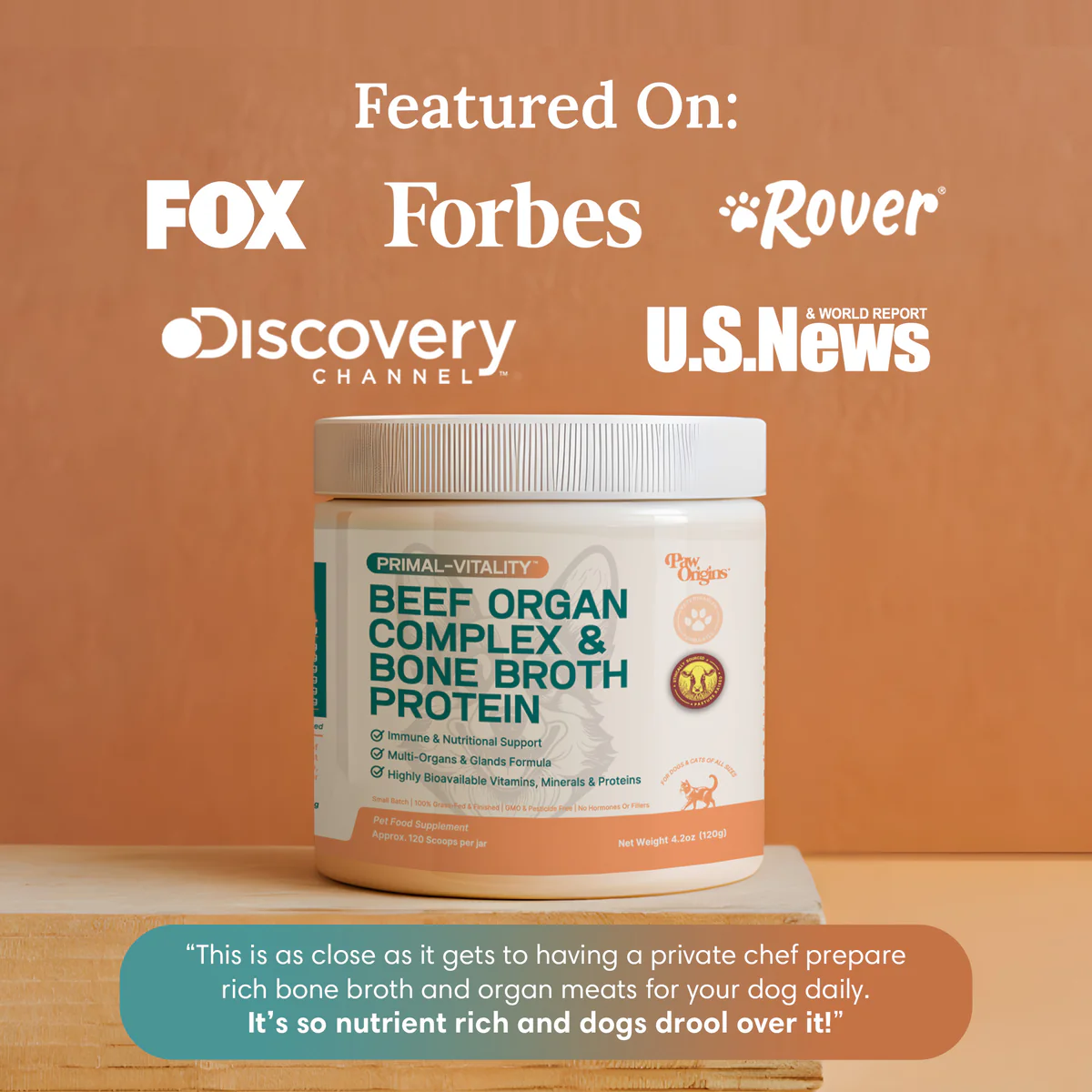 A jar of Paw Origins Beef Organ Complex & Bone Broth Protein with media logos featured above it.