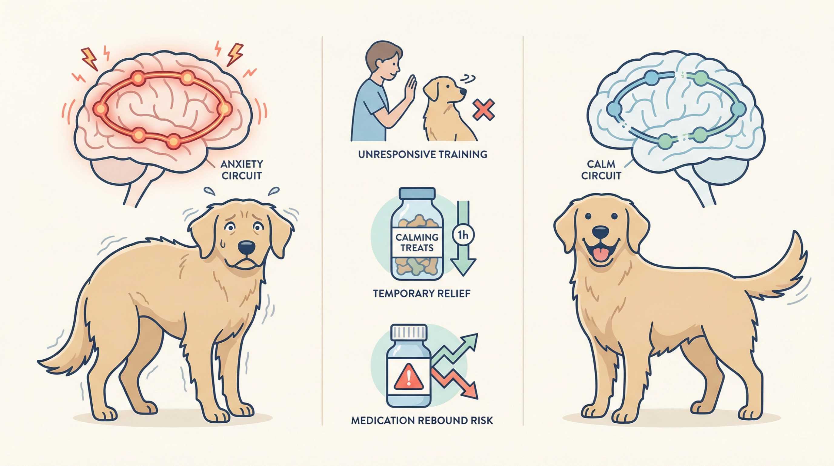 An infographic contrasting a dog's anxiety circuit with its calm circuit, showing anxious and calm dog behaviors.
