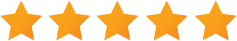 Five gold stars in a row on a transparent background.