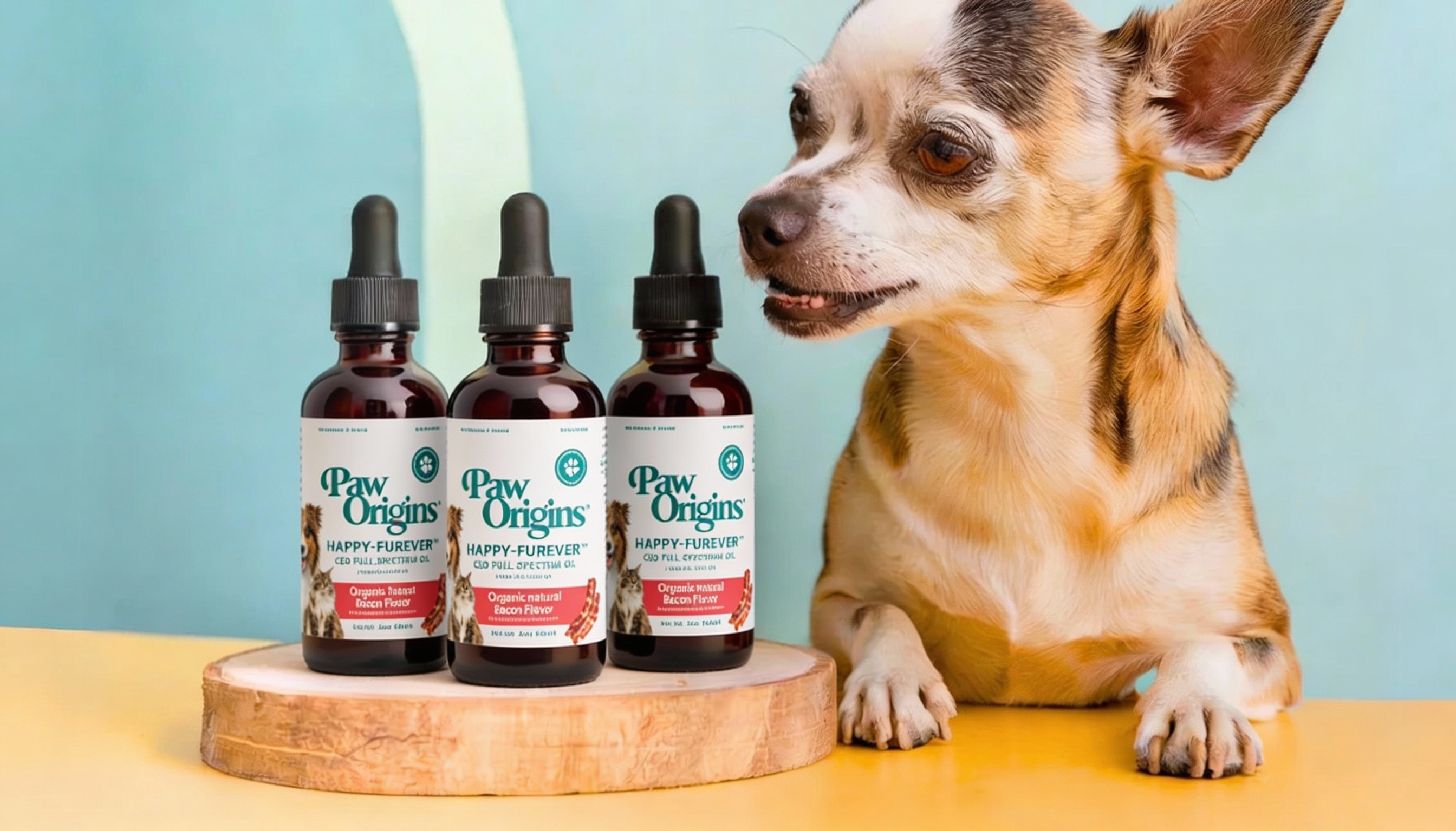 A chihuahua looks at three bottles of Paw Origins pet supplements on a wooden coaster.