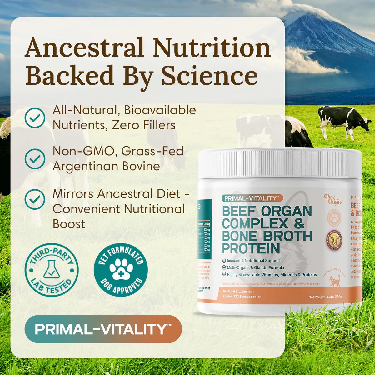 An advertisement for Primal-Vitality Beef Organ Complex, with a jar of the product before a mountain scene.
