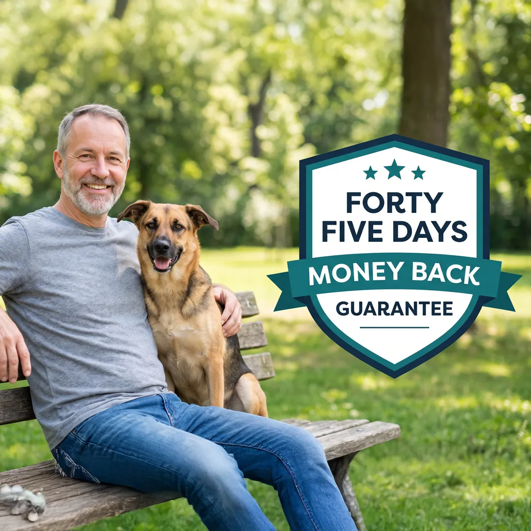 A smiling man sits with his dog on a park bench next to a money-back guarantee seal.