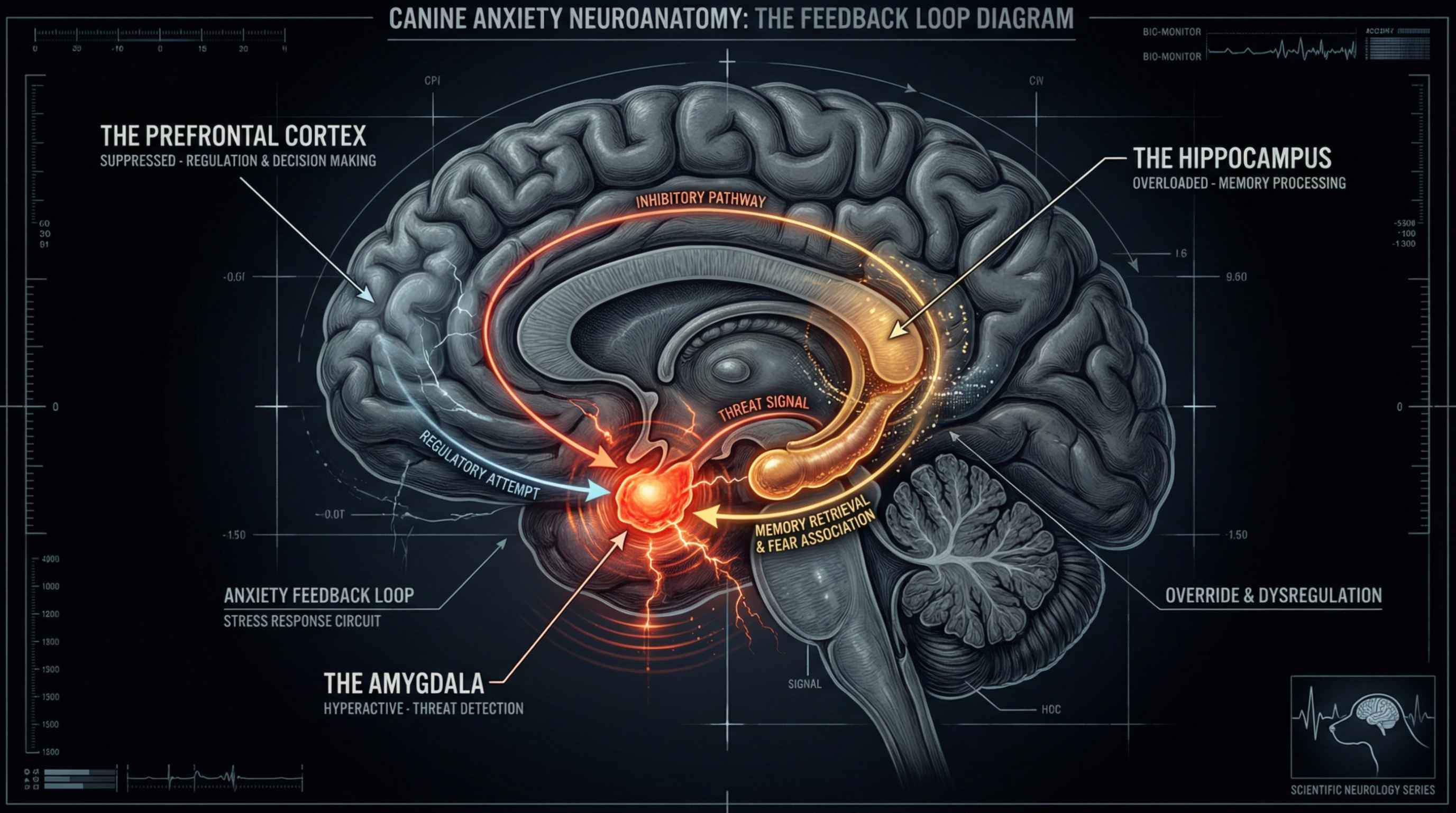 A diagram of a canine brain showing the neuroanatomy of the anxiety feedback loop, highlighting key regions.