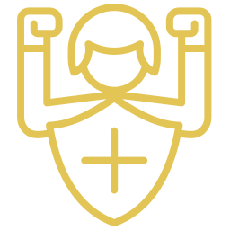 Yellow outline of a person flexing muscles with a shield and cross symbol.