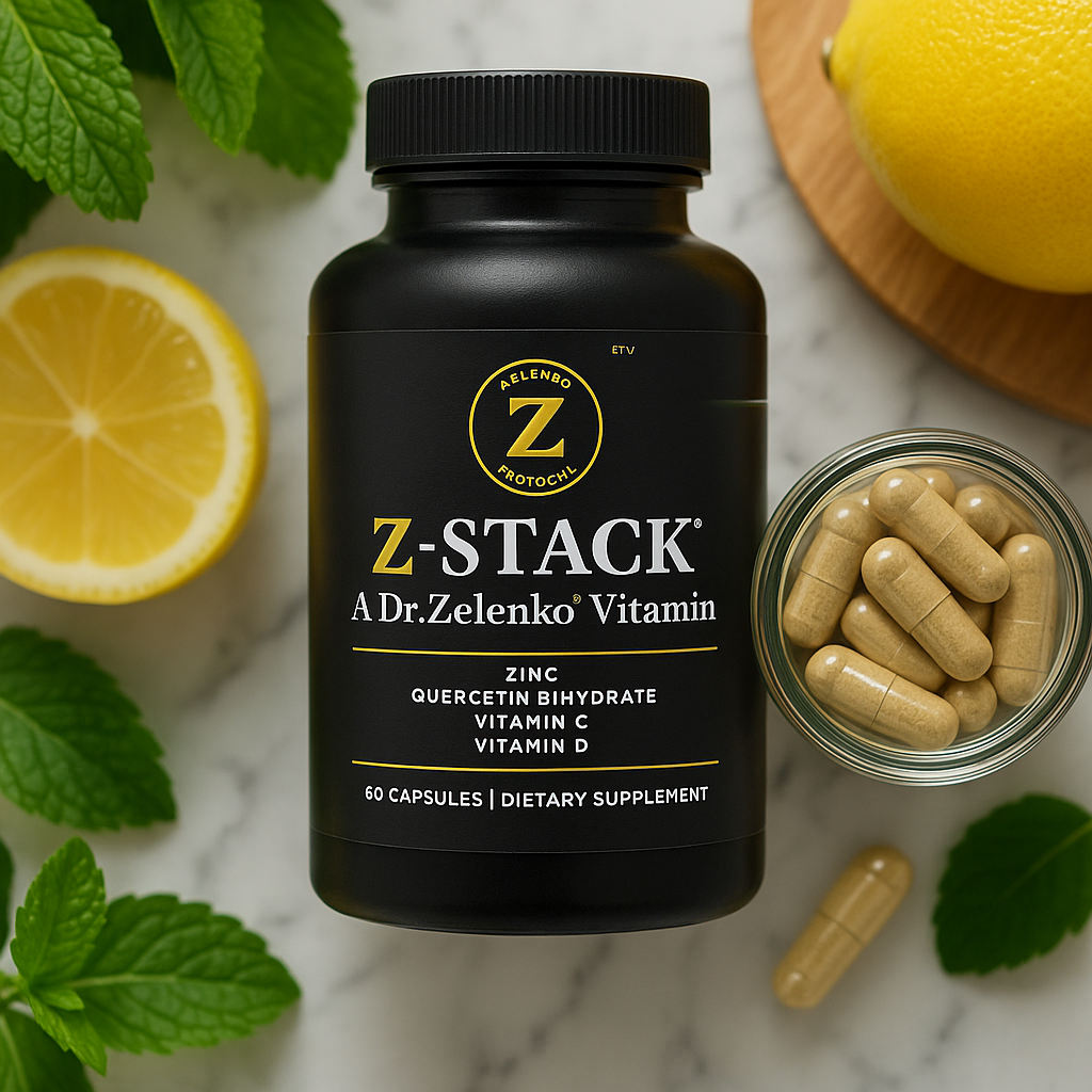 Black bottle of Z-Stack vitamins with capsules, lemon, and mint leaves.