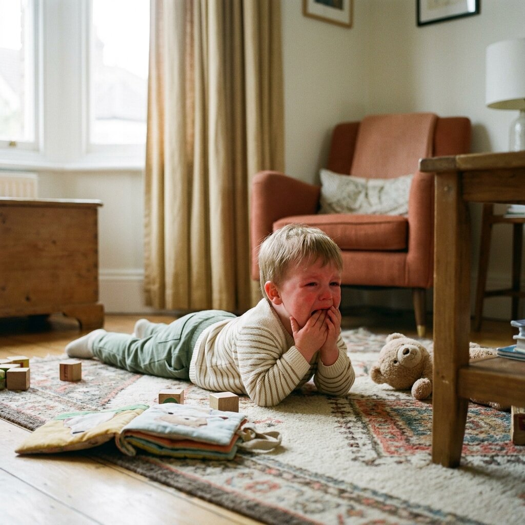 A toddler in a full-body tantrum on the floor, red-cheeked, chewing on a fist