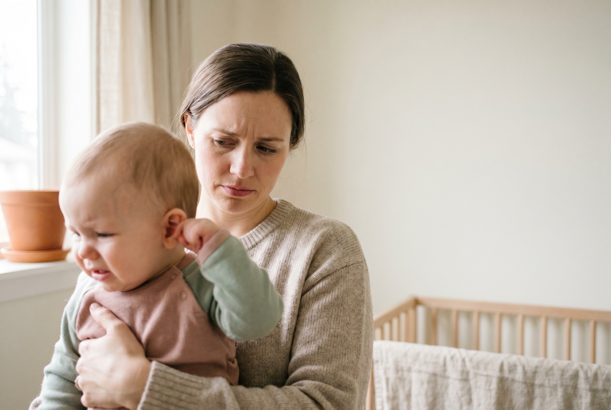 A worried mother holding her baby, who is reaching for one ear
