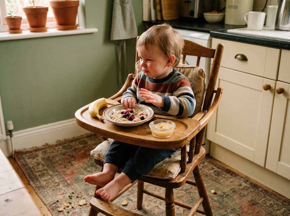 A toddler in a high chair pushing a plate of food away, refusing to eat