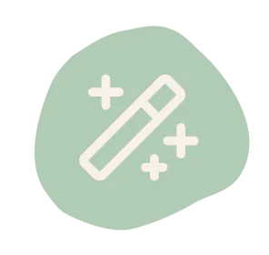 An icon of a magic wand with sparkles, set against a light green amorphous shape.